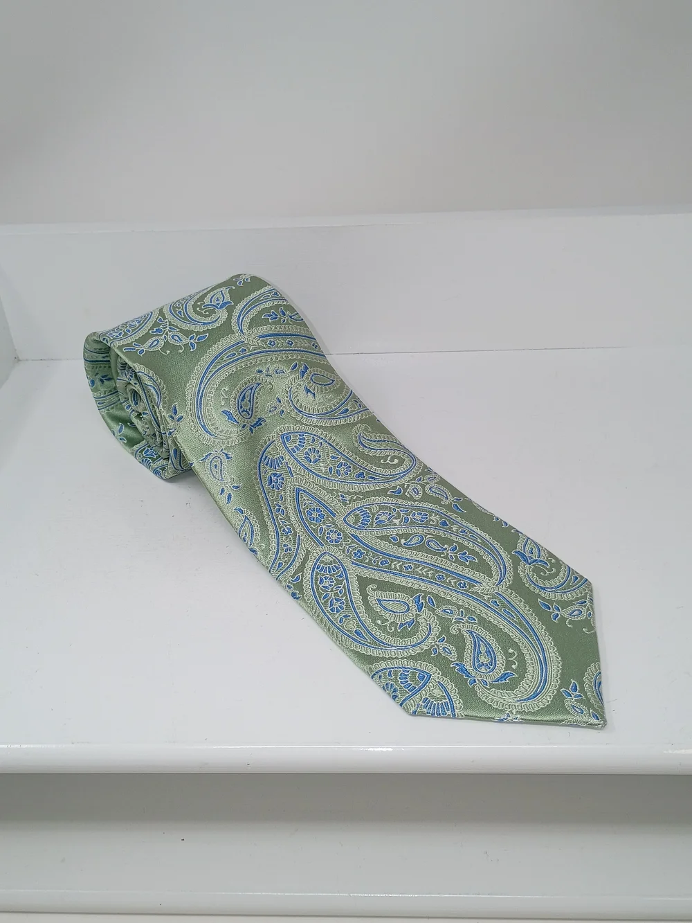 Michael Kors Light Green Paisley Silk Tie with Blue Accents